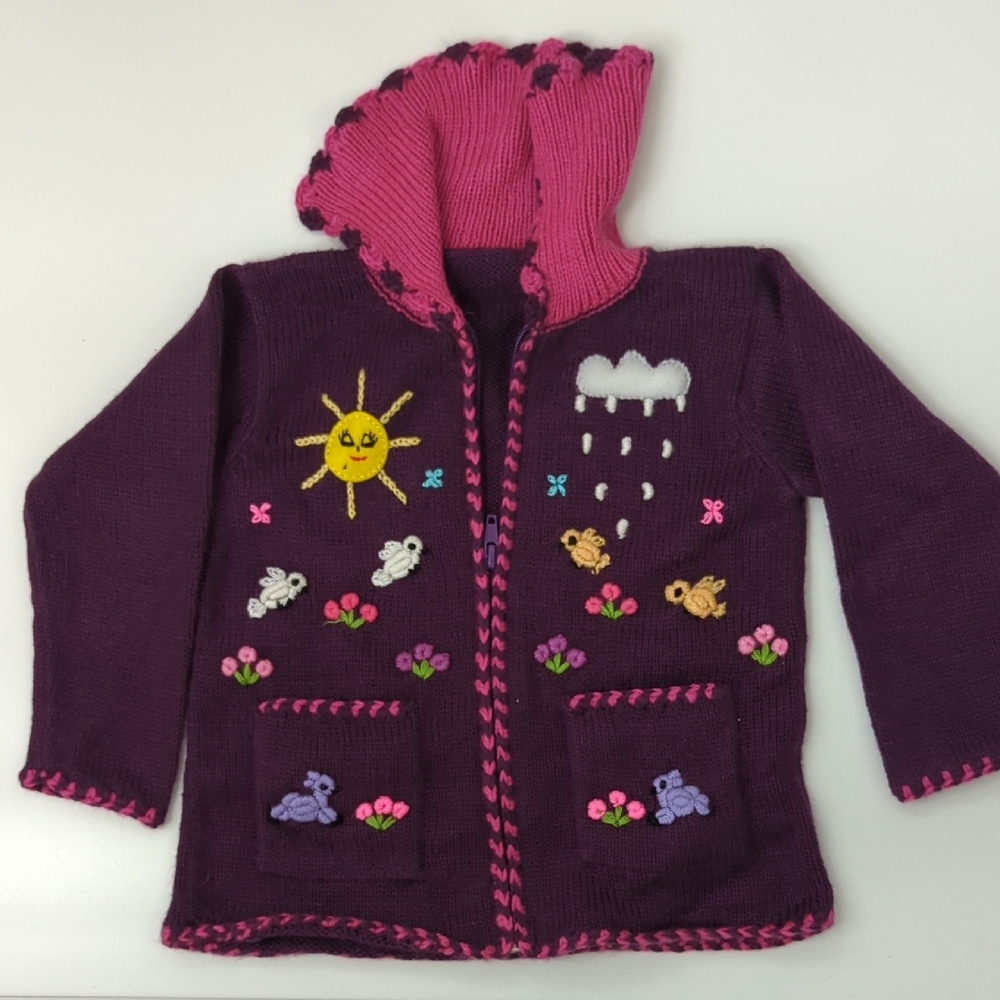 Peruvian Wool Knitted Purple Sweater with Pink Trim